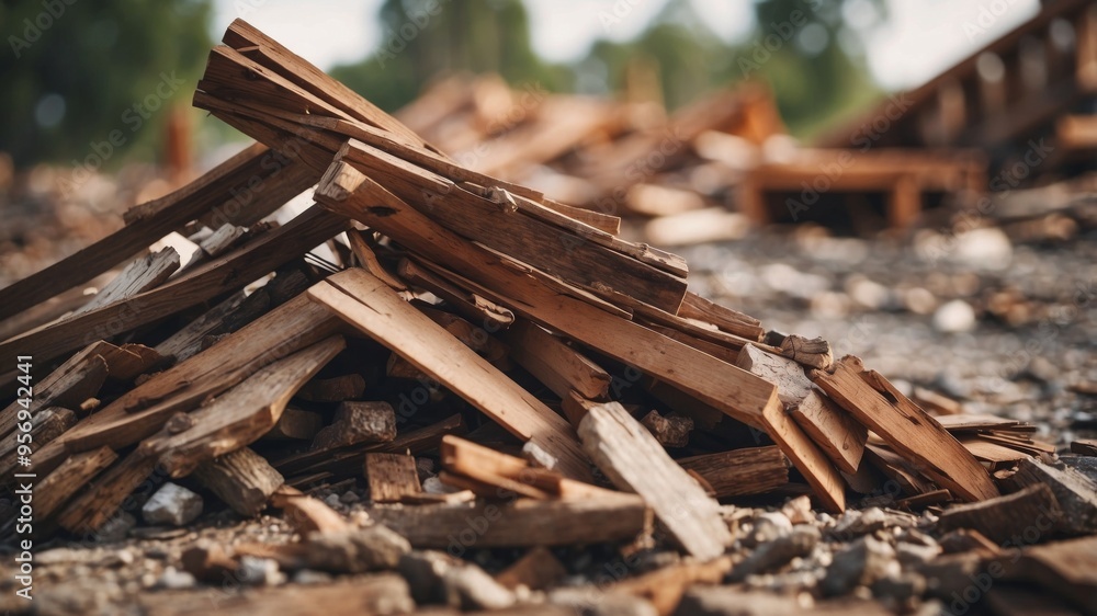 Destroyed wooden wall and construction debris pile with selective focus. Destroyed wooden wall and construction debris pile with selective focus.