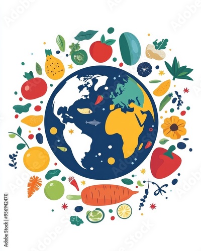 Colorful globe surrounded by diverse fruits and vegetables celebrating World Food Day