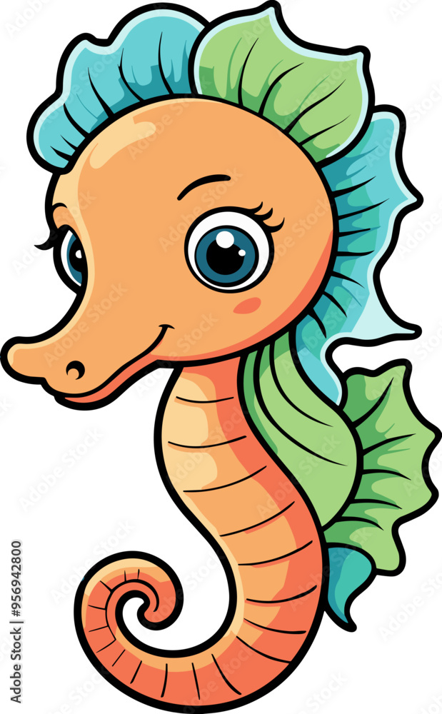 Fototapeta premium Cute seahorse cartoon character illustration png, colorful sea animal clipart for ocean life, aquatic, children book, kids, activity book, baby shower, sticker, anime, nature, drawing, aquarium, art