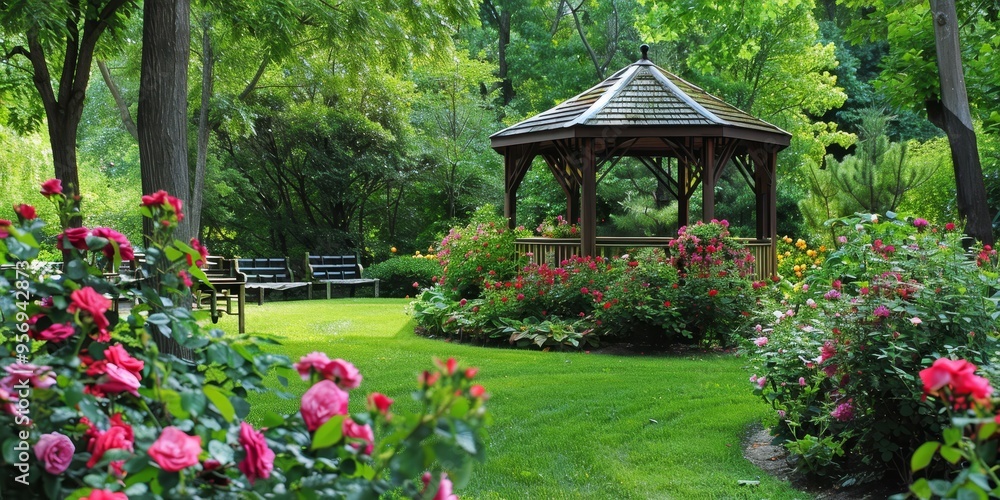 Picturesque green garden with a gazebo surrounded by blooming roses Picturesque green garden with a gazebo surrounded by blooming roses