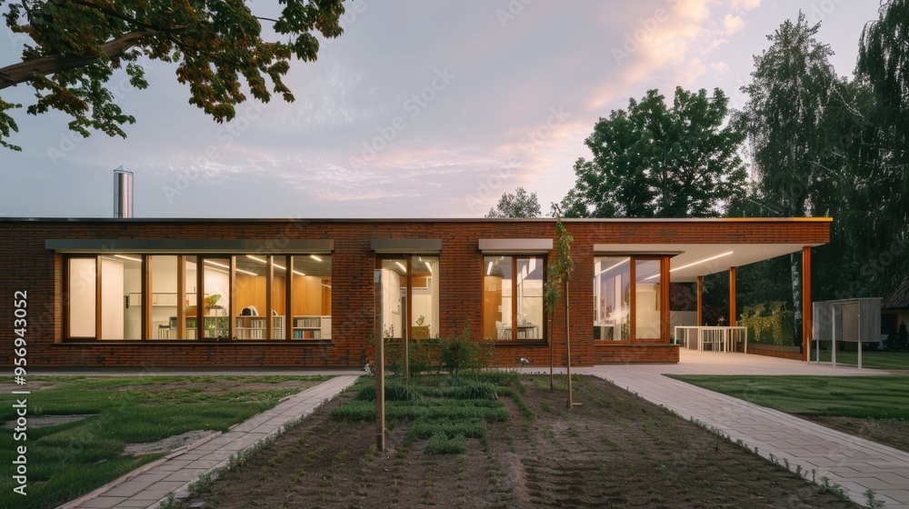 A sleek, modern house with large windows is surrounded by a serene landscape, bathed in the warm light of dusk.