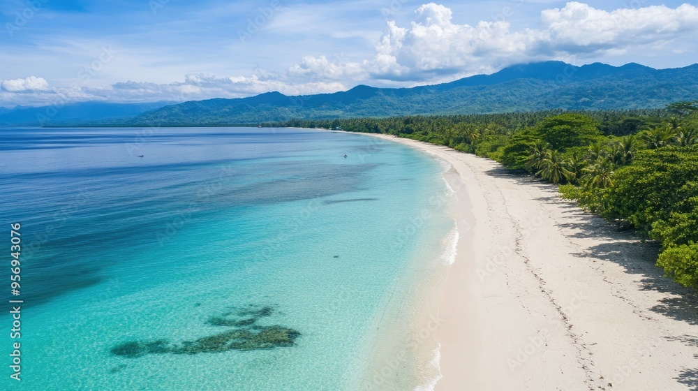 Obraz premium Scenic drone view of Santai Beach, Latuhalat, Ambon, Maluku, showing the pristine sands and sparkling waters, perfect for beach-themed backgrounds or travel ads.
