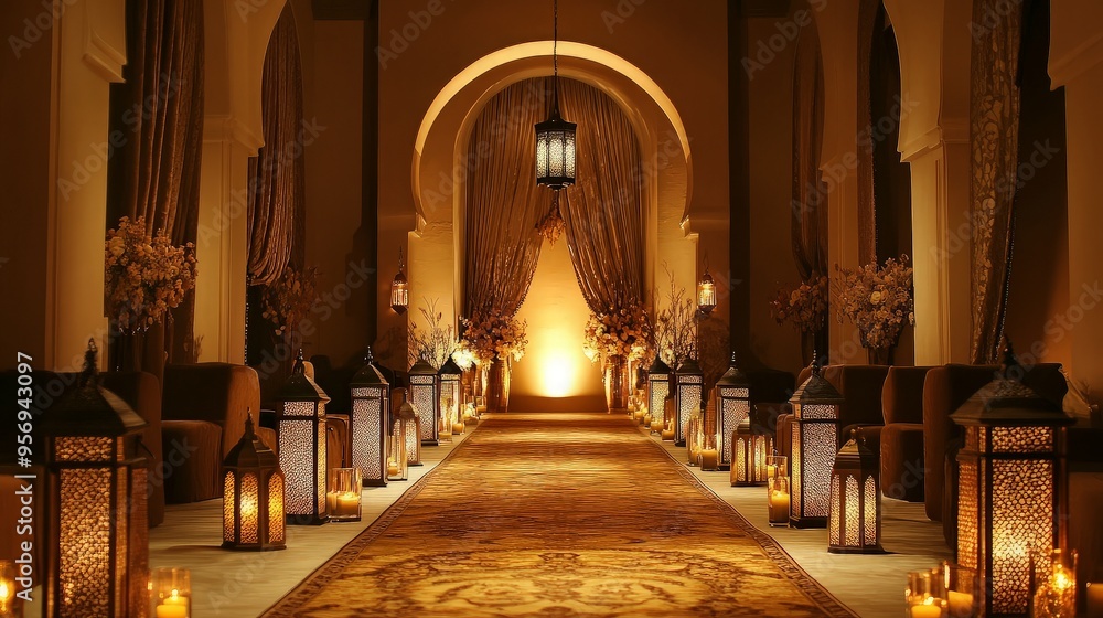 Fototapeta premium Elegant Moroccan Corridor Decorated with Lanterns and Flowers