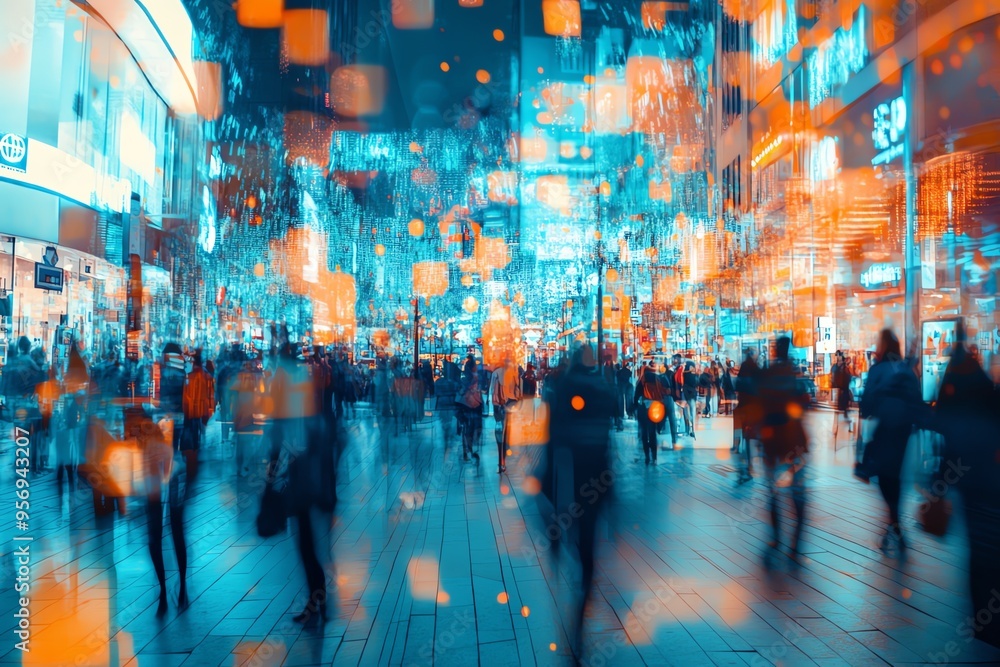 A vibrant night scene of a bustling city street filled with colorful lights and blurred motion of people creating an energetic atmosphere. A vibrant night scene of a bustling city street filled with colorful lights and blurred motion of people creating an energetic atmosphere.