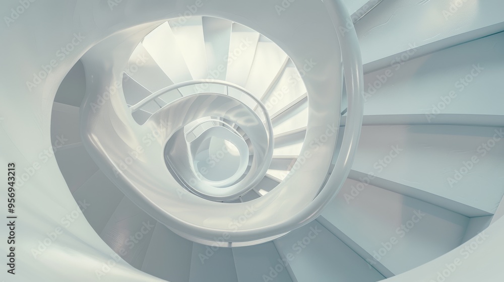 Fototapeta premium A uniquely crafted spiral staircase with a glossy white finish twists elegantly, merging art with modern architecture.