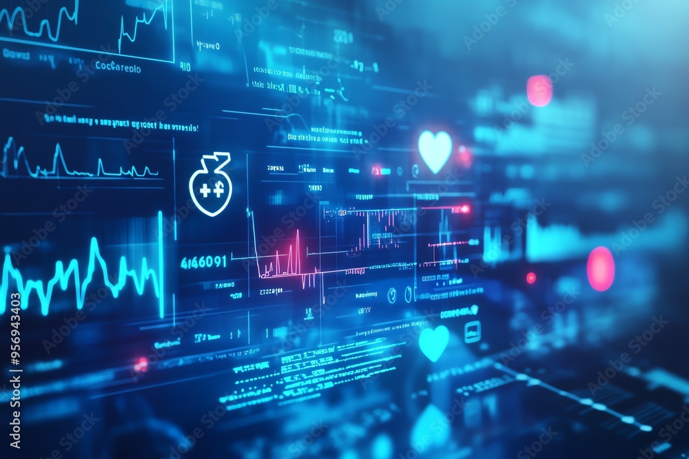 Abstract digital data visualization with graphs, charts, and heart monitor readings for health and technology concepts. Abstract digital data visualization with graphs, charts, and heart monitor readings for health and technology concepts.