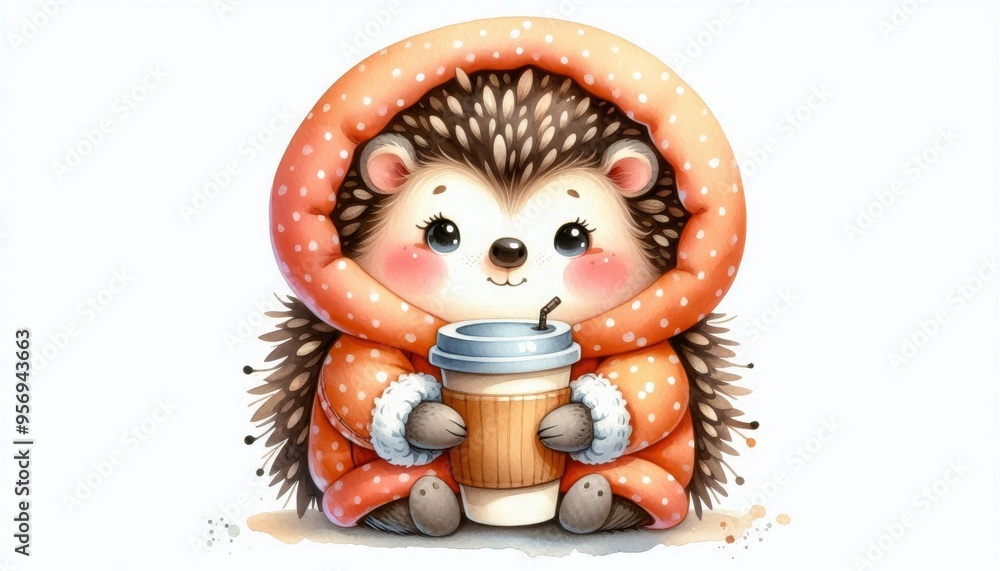Obraz premium A whimsical watercolor illustration of a sweet hedgehog wearing a cozy orange hoodie and holding a cup of hot beverage. The hedgehog has a cheerful expression and is enjoying its warm drink. This illu