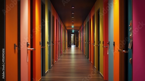 Vibrant corridor with colorful doors and modern lighting in a contemporary building