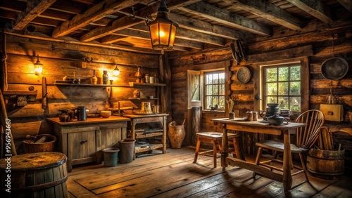 Rustic, dimly lit interior of an old cabin with worn wooden walls, vintage furniture, and antique artifacts, evoking a sense of cozy, rugged simplicity.