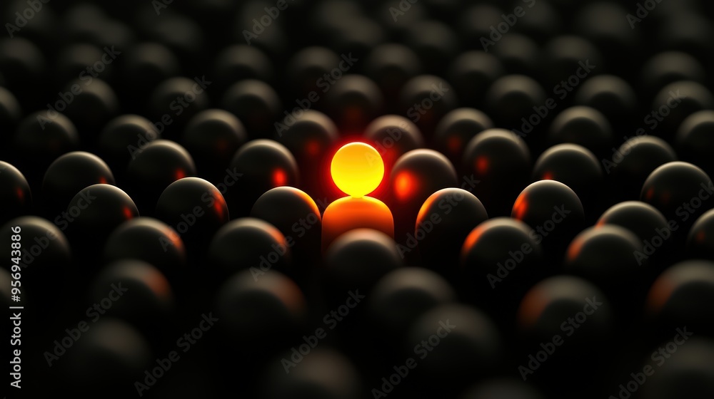 Fototapeta premium A captivating image of a glowing sphere surrounded by dark spheres, symbolizing uniqueness and focus in a vast field.