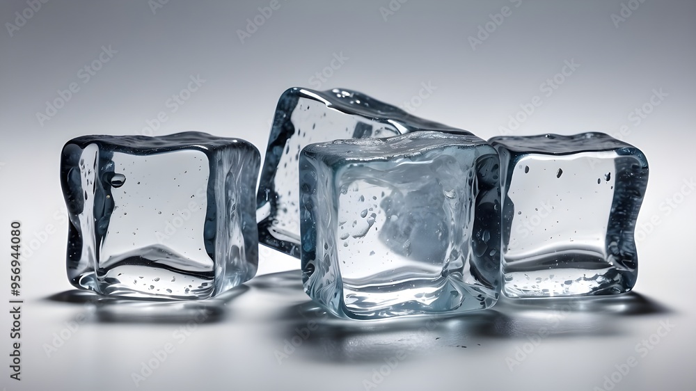 Four flying ice cube bits on a white background
Four flying ice cube bits on a white background