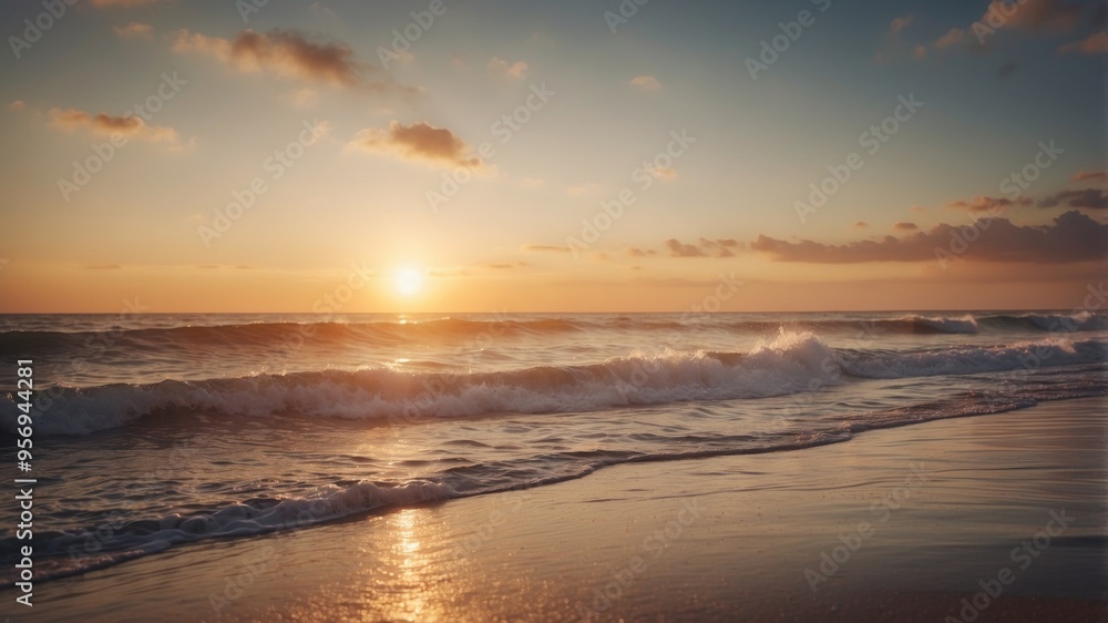 Obraz premium the early morning sun rising over the ocean with soft waves lapping at the shore.