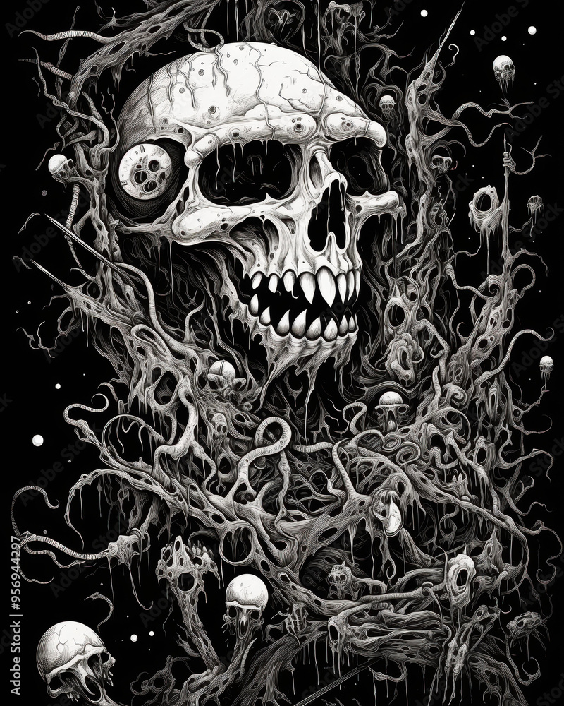 Fototapeta premium A detailed, monochromatic, gothic illustration of a skull entangled in organic and tentacle-like structures, set against a dark background, Ideal for use in horror-themed art, posters