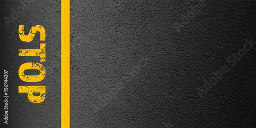 Asphalt road with stop lane marking, concrete highway surface, texture. Street traffic line, road dividing strip. Pattern with grainy structure, grunge stone background. Vector illustration