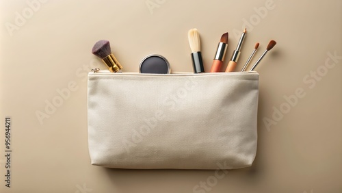 Blank canvas makeup bag mockup on a beige, cream background, makeup, bag, mockup, blank canvas, beige, cream, background