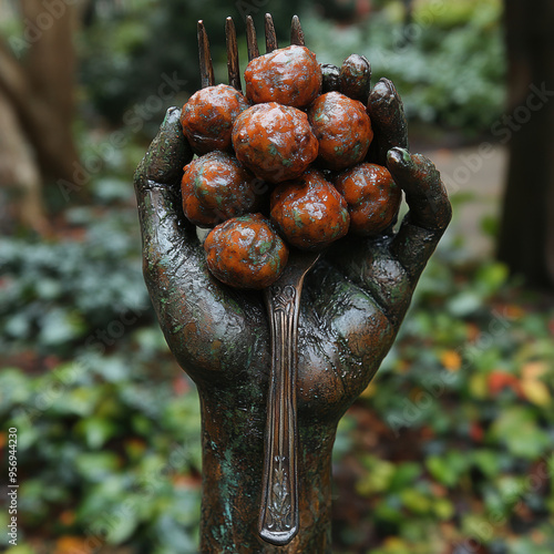 Hand Holding Fork with Meatbal photo