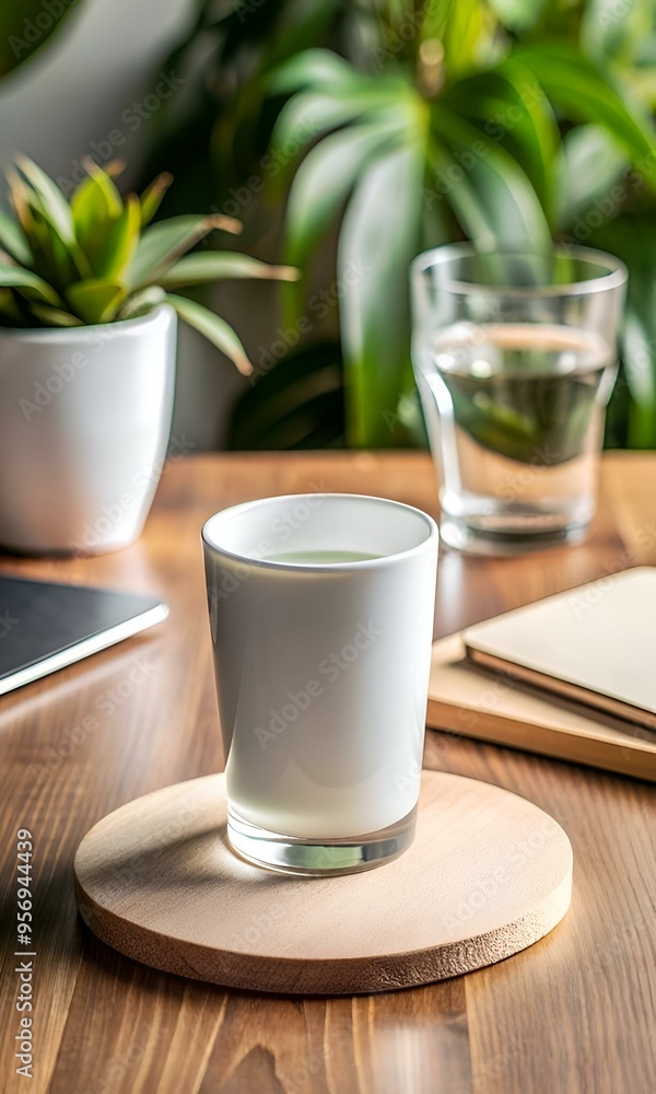 A simple yet elegant composition featuring a white mug on a wooden coaster. resting on a wooden table. A simple yet elegant composition featuring a white mug on a wooden coaster. resting on a wooden table.