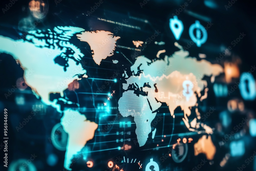 Digital world map with abstract connections, showcasing global communication and technology in a modern visual style. Digital world map with abstract connections, showcasing global communication and technology in a modern visual style.