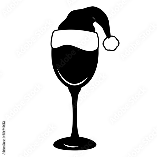 Wine Glass with Santa Hat silhouette on a white background