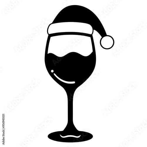 Wine Glass with Santa Hat silhouette on a white background