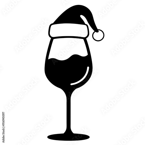 Wine Glass with Santa Hat silhouette on a white background