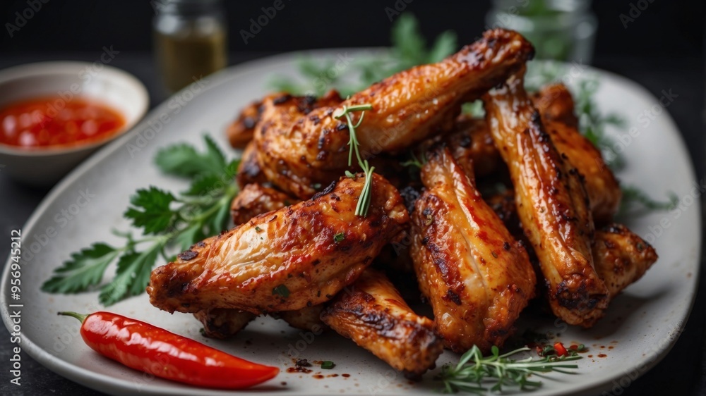 Plate of spicy grilled chicken wings with herbs and chilies. Plate of spicy grilled chicken wings with herbs and chilies.