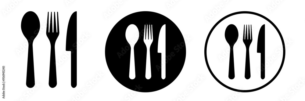 Silverware icons. Fork, knife, plate and spoon. Menu symbol. Black silverware icon. Vector illustration. Silverware icons. Fork, knife, plate and spoon. Menu symbol. Black silverware icon. Vector illustration.