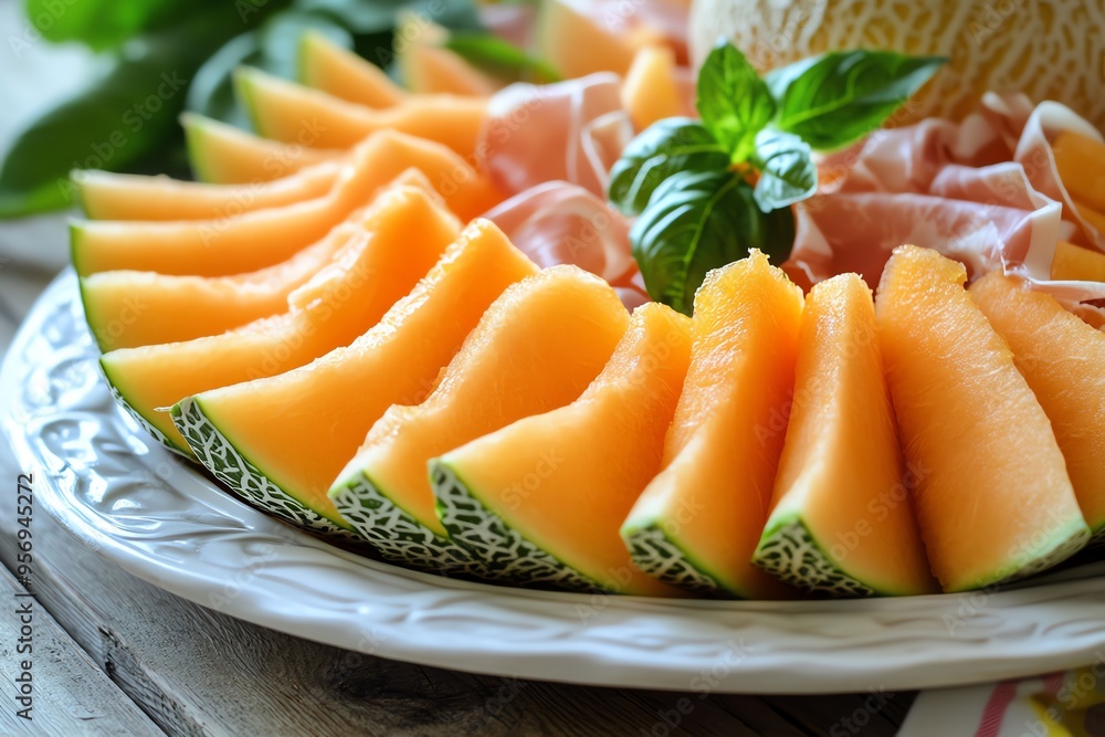 Freshly sliced cantaloupe served on a decorative platter, garnished with mint leaves, perfect for summer gatherings. Freshly sliced cantaloupe served on a decorative platter, garnished with mint leaves, perfect for summer gatherings.