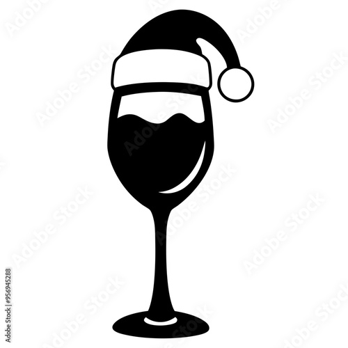 Wine Glass with Santa Hat silhouette on a white background