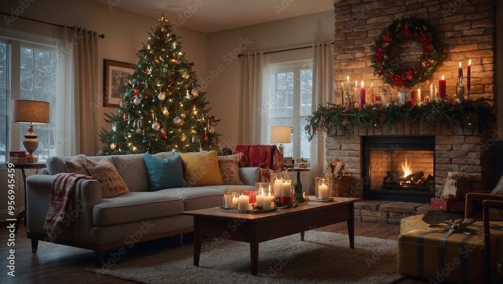 Cozy 1950s-themed Christmas living room with a warm fireplace and holiday décor. Cozy 1950s-themed Christmas living room with a warm fireplace and holiday décor.