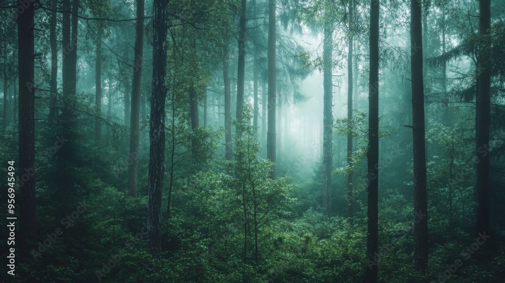 A misty forest with tall trees and green undergrowth. A misty forest with tall trees and green undergrowth.