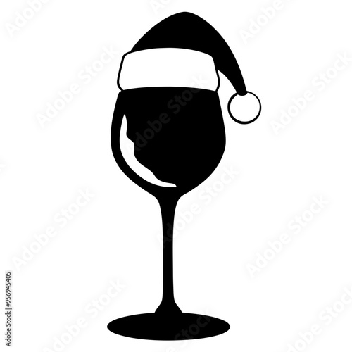 Wine Glass with Santa Hat silhouette on a white background