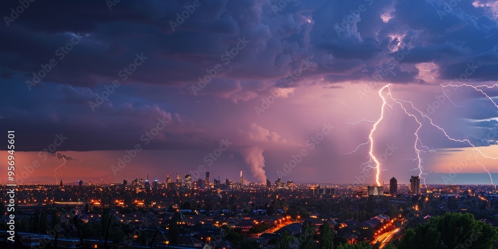 Lightning strike over an urban skyline, capturing the intensity of electrical discharge Lightning strike over an urban skyline, capturing the intensity of electrical discharge