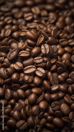 Top view of roasted coffee beans upon a flat surface.