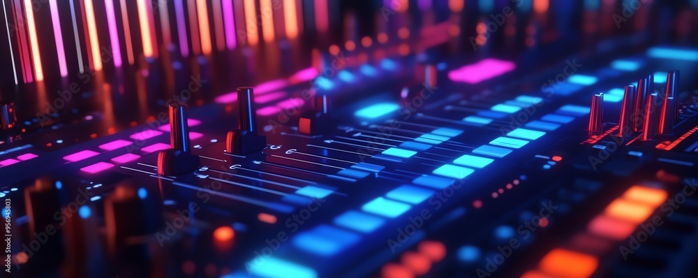 Glowing 3D equalizer bars in a dark environment, 3D background music, vibrant and hightech Glowing 3D equalizer bars in a dark environment, 3D background music, vibrant and hightech