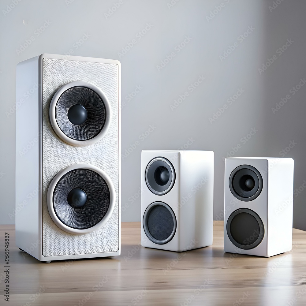 A set of three white speakers with sleek. modern design. A set of three white speakers with sleek. modern design.