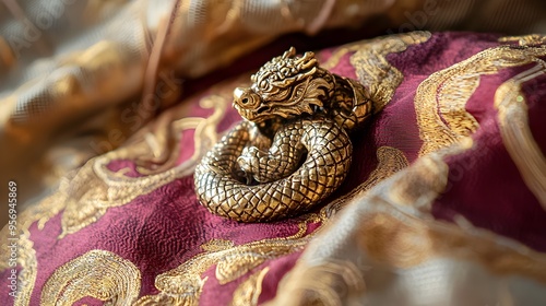 Closeup of Thai Serpent Design Amulet on Silk Cushion Representing Guardianship and Power photo