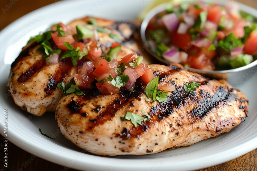Grilled chicken breast garnished with fresh salsa and herbs, perfect for healthy meals or summer barbecues.