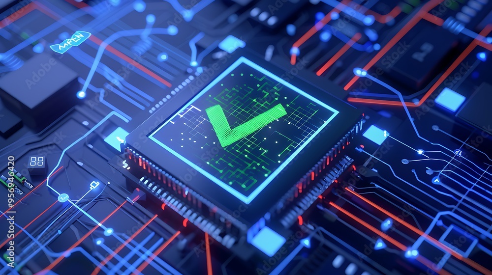 Close-up view of a microchip with a check mark symbol on a circuit board, representing digital security and modern technology. Close-up view of a microchip with a check mark symbol on a circuit board, representing digital security and modern technology.