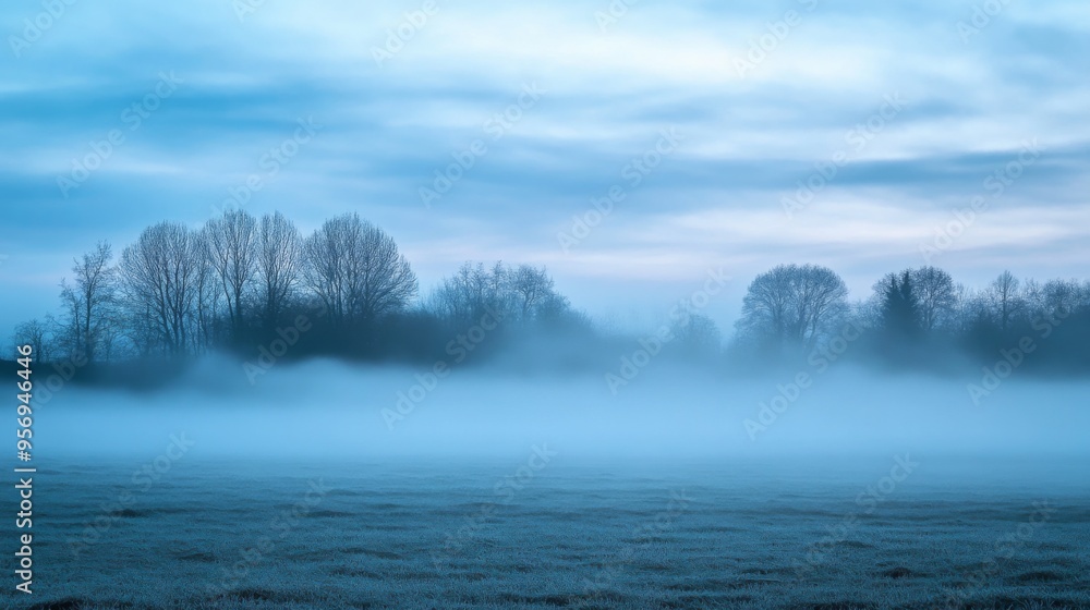 A misty, ethereal landscape with a line of trees silhouetted against a cloudy sky. A misty, ethereal landscape with a line of trees silhouetted against a cloudy sky.