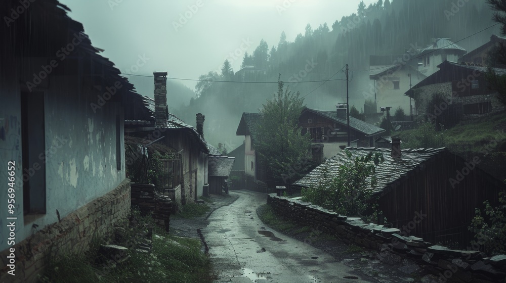 Fototapeta premium A rainy, deserted village street surrounded by old houses and hills enveloped in mist, evoking a sense of nostalgia and solitude.