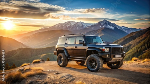 Glossy black off-road vehicle with sleek headlights and chrome wheels gleams in sunlight, parked on a rugged hilltop with vast mountain landscape background. photo