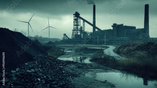 Closed coal mines and factories are silhouetted against a gray sky, while wind turbines signify a shift towards renewable energy. Generative AI