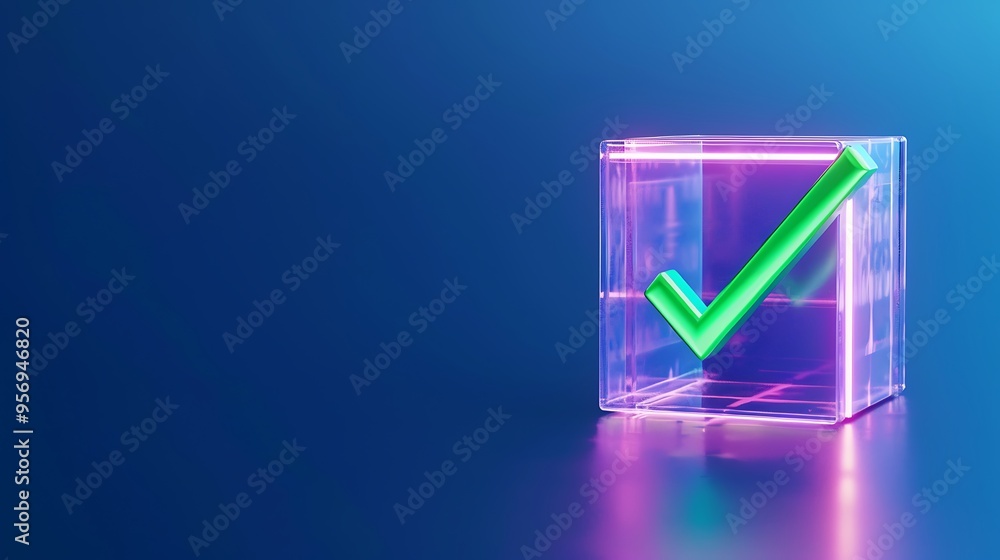 Colorful neon check mark in cube on blue background, modern futuristic design, concept of success, approval, and positive feedback. Colorful neon check mark in cube on blue background, modern futuristic design, concept of success, approval, and positive feedback.