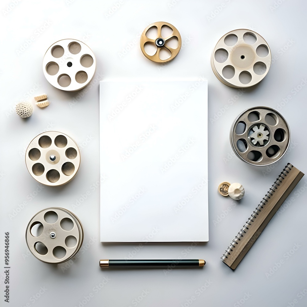 Fototapeta premium A minimalist flat lay featuring a blank white page surrounded by film reels. a pen. and other stationery.