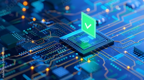 Computer chip with a checkmark symbolizing security and reliability in modern technology, against a vibrant circuit board backdrop.