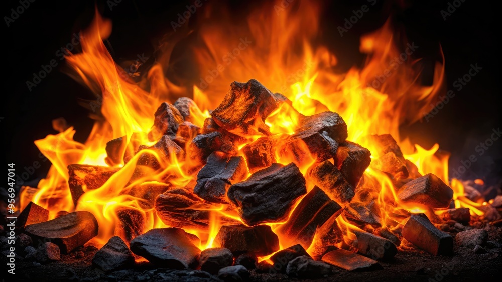 Glowing embers of hot coal burning fiercely in complete darkness, isolated on a black background, with vibrant orange and yellow flames illuminating the surrounding shadows. Glowing embers of hot coal burning fiercely in complete darkness, isolated on a black background, with vibrant orange and yellow flames illuminating the surrounding shadows.