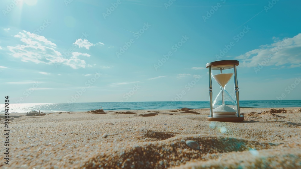 An hourglass sitting on a tranquil beach, time seemingly standing still under the bright blue sky and the distant horizon. An hourglass sitting on a tranquil beach, time seemingly standing still under the bright blue sky and the distant horizon.