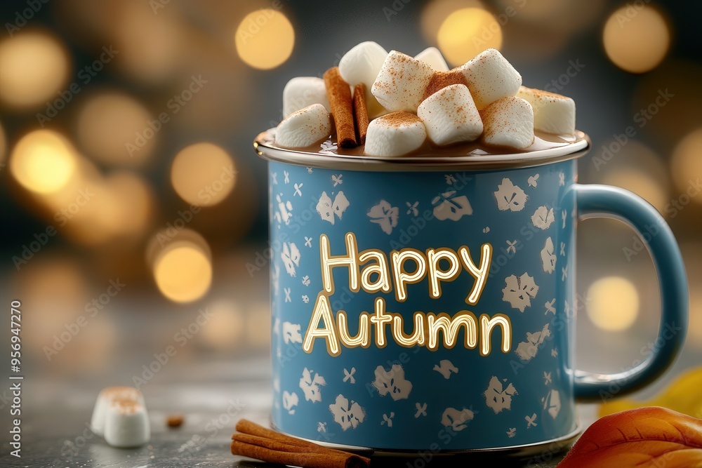 mug of hot chocolate topped with marshmallows and a dash of cinnamon, coffee cup says mug of hot chocolate topped with marshmallows and a dash of cinnamon, coffee cup says