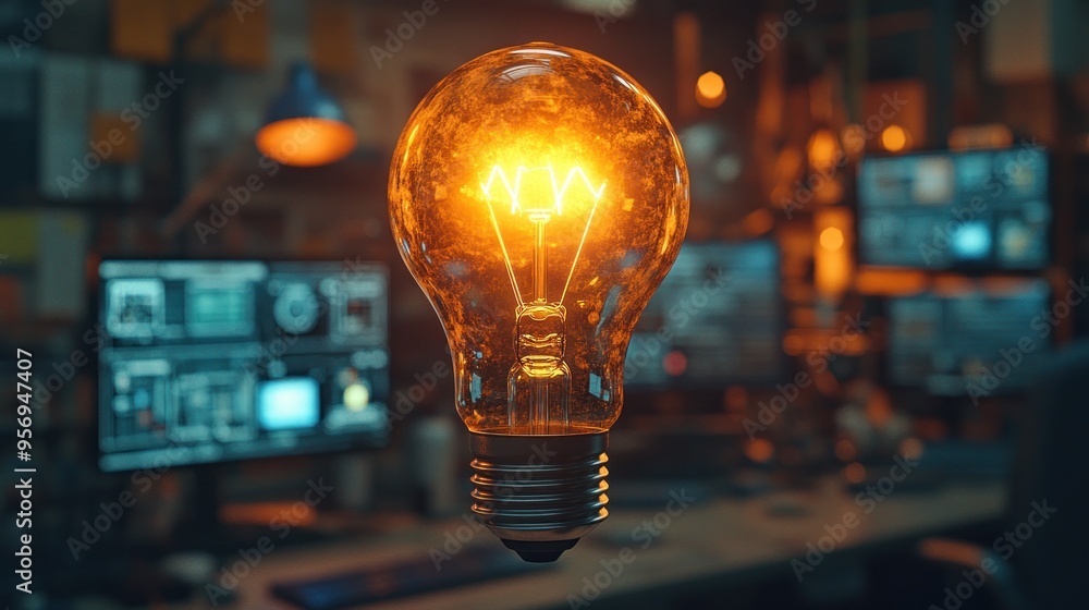 Glowing Light Bulb in a Dark Office Setting Glowing Light Bulb in a Dark Office Setting